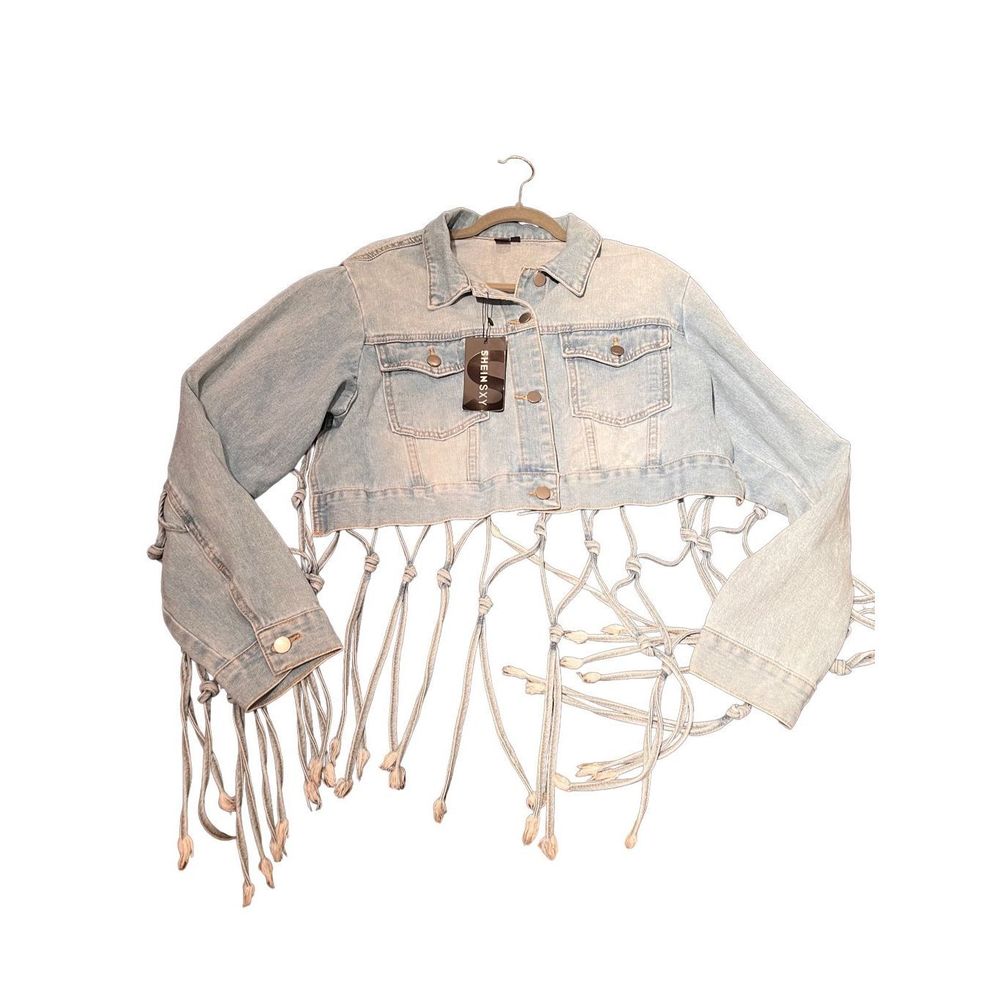 SHEIN Light Blue Cropped Denim Jacket with Fringe